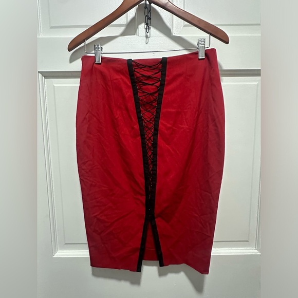 Y2K Body by Victoria Red Lace-Up Pencil Skirt – Office Siren Aesthetic Size 8 - Picture 4 of 5